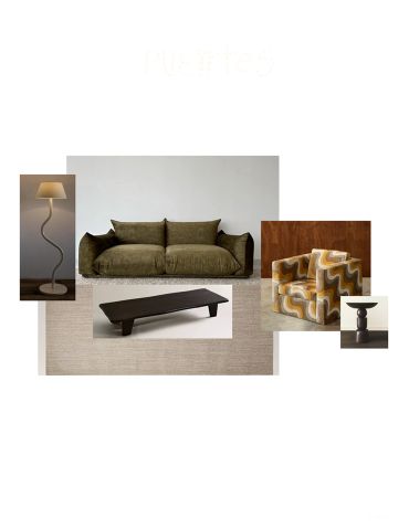 Collage de muebles y lámparas con estilo moderno vintage.