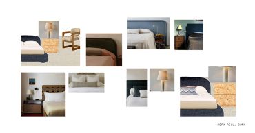 Collage de muebles y decoración para dormitorio minimalista.