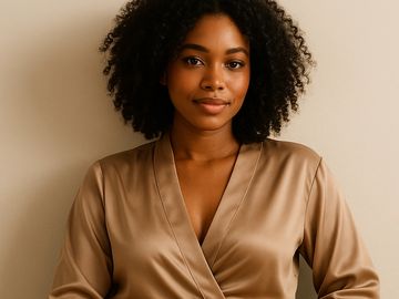 Confident woman with natural curly hair wearing a silky tan blouse.