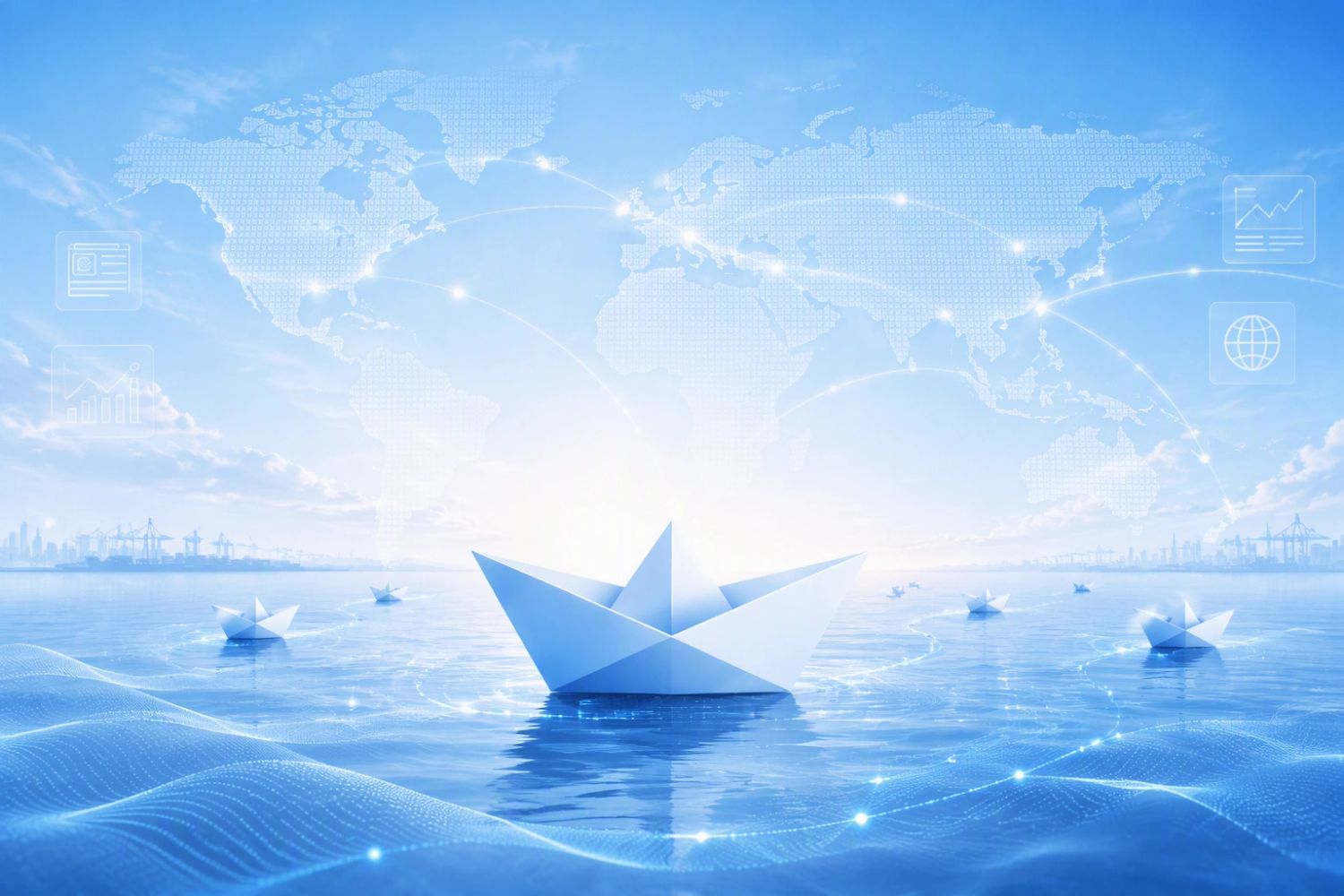 Paper boats on digital blue ocean with world map.