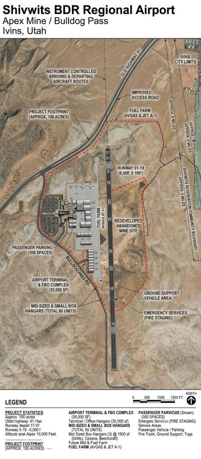 Map of Shivwits BDR Regional Airport layout and key areas.