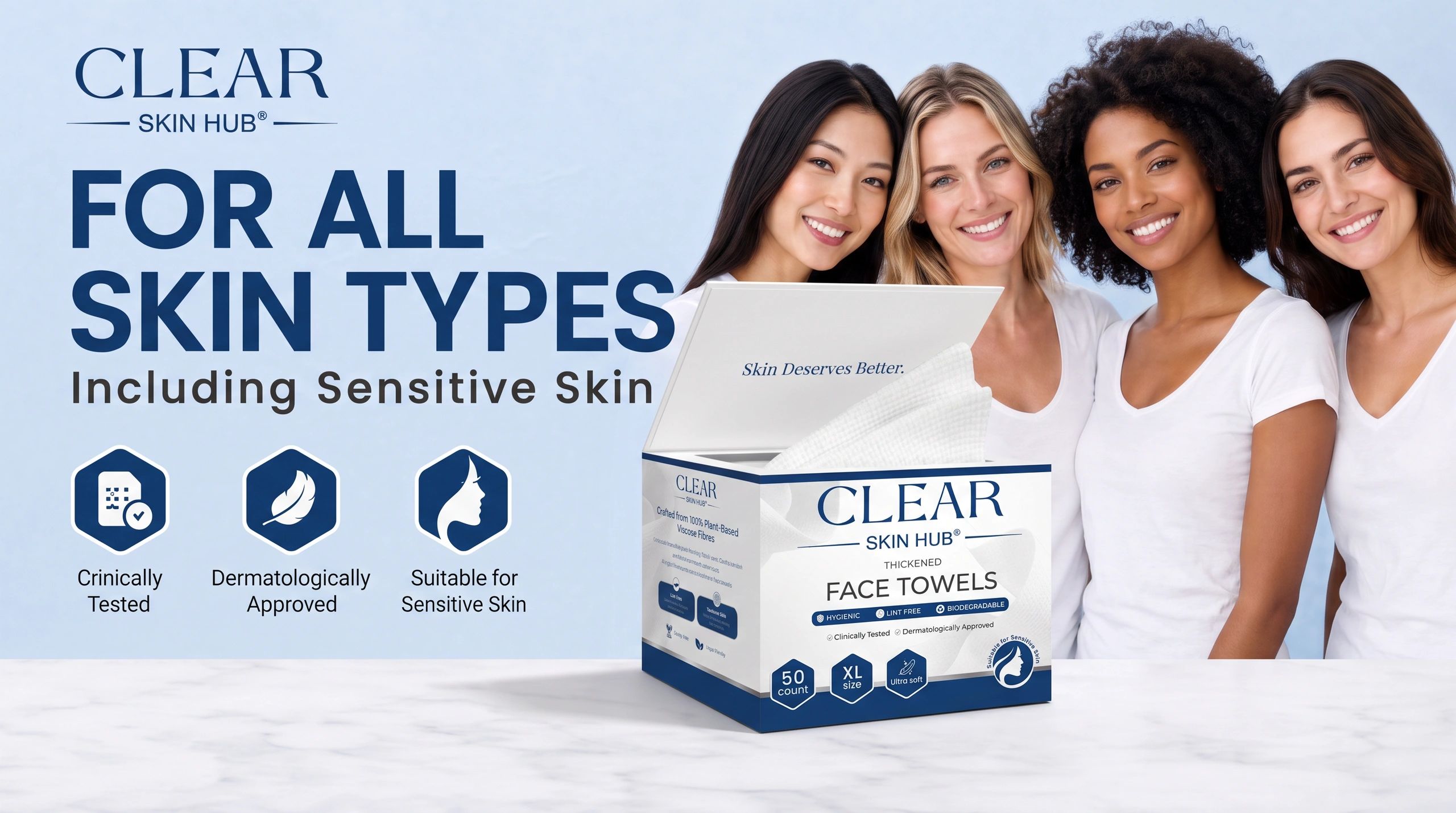 Diverse women promoting Clear Skin Hub face towels for sensitive skin.