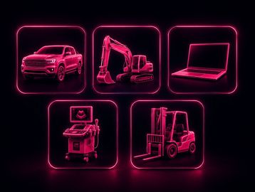 Glowing pink grid of asset type icons on dark background, vehicle machinery computer equipment