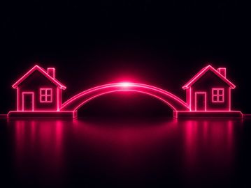 Neon pink illustration of two houses connected by a glowing bridge.
