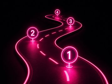 Glowing pink road with four numbered milestones on dark background, steps 1 to 4 clearly marked