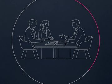 Minimal outline of three figures at meeting table in circle, subtle pink arc, professional advisory