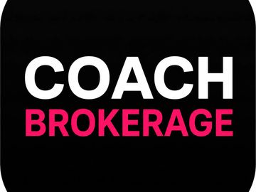 Coach Brokerage logo bold white and pink on black background, independent mortgage brokers