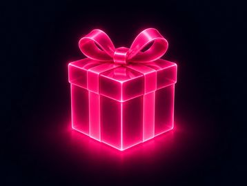 A glowing neon pink gift box with a bow on top against a dark background.