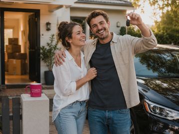 Couple holding car keys together outside their home, warm afternoon light, celebrating together