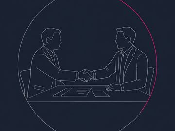 Minimal outline two figures handshaking across table in circle, private lending agreement