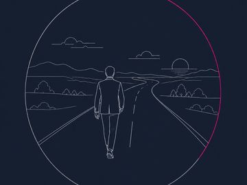 Minimal outline figure walking open road in circle with pink arc, clear path after complexity