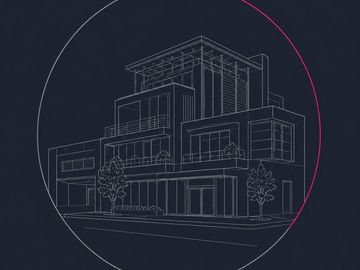 Minimal outline complex building in circle with pink arc, non-standard private lending solutions