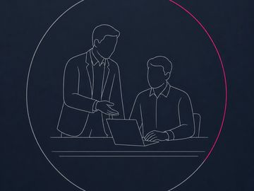 Minimal outline of coach guiding client beside document in circle, expert SMSF lending guidance