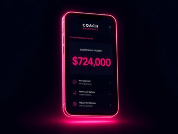 Smartphone displaying a $724,000 borrowing power with neon pink outline.