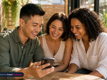 Diverse friends at cafe discovering personal loan options on phone, warm and positive, natural light