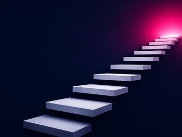 Floating white staircase rising toward a pink light on dark navy background representing Coach Broke