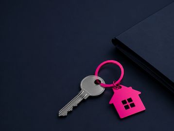 House key with pink house keyring on dark navy background representing Coach Brokerage home loan ser