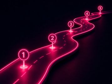 Glowing pink road with five numbered milestones on dark background, personal loan process steps