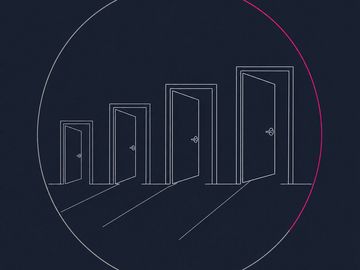 Minimal outline three open doorways in circle with pink arc, multiple private lending options
