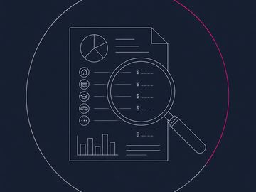 Minimal outline magnifying glass over financial document in circle, thorough debt review process