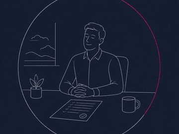 Minimal outline figure at clear desk in circle with pink arc, calm after debt consolidation