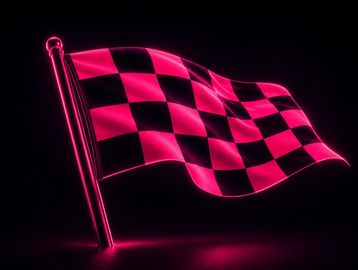 Glowing pink chequered racing flag waving on dark background, finance sorted, ready to go