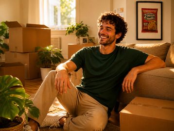 A smiling man sitting on the floor amid moving boxes in a sunlit room.