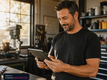Small business owner reviewing financials on tablet, warm golden light, helped by Coach Brokerage