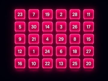 Grid of glowing neon pink squares each containing a unique number from 1 to 30.