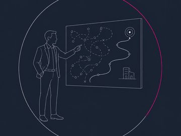 Minimal outline adviser beside complex diagram in circle with pink arc, specialist private lending