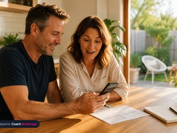 Couple at kitchen table discovering savings figure on phone, quietly surprised, golden afternoon lig