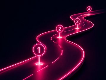 Glowing pink road with four numbered milestones on dark background, new home loan process steps
