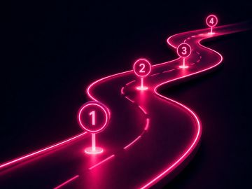 Glowing pink road with four numbered milestones on dark background, bridge loan process steps