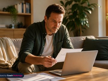 Person on couch reviewing financial documents thoughtfully, warm golden light, considered mood