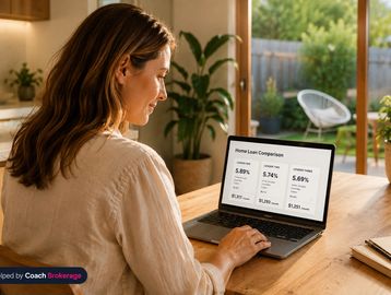 Woman at kitchen bench reviewing home loan on laptop, calm and determined, warm golden light