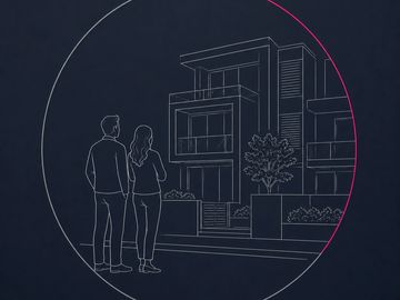 Minimal outline couple beside investment property in circle with pink arc, strategic SMSF decision