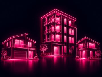Glowing pink property portfolio icons on dark background representing specialist investment lending 