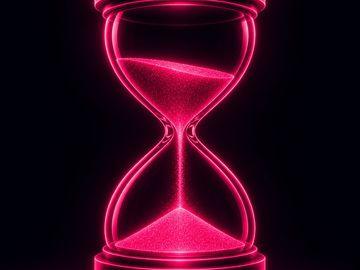 A glowing pink neon hourglass against a black background.