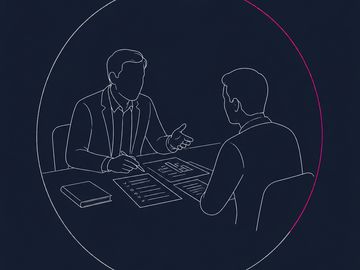 Minimal outline adviser and client at table in circle with pink arc, personalised debt guidance