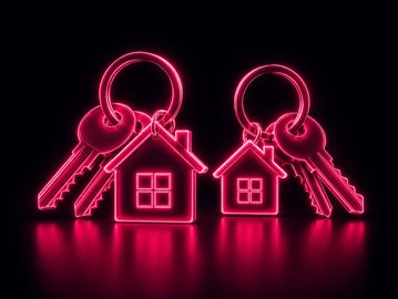 Two glowing neon house keychains with keys on a dark background.