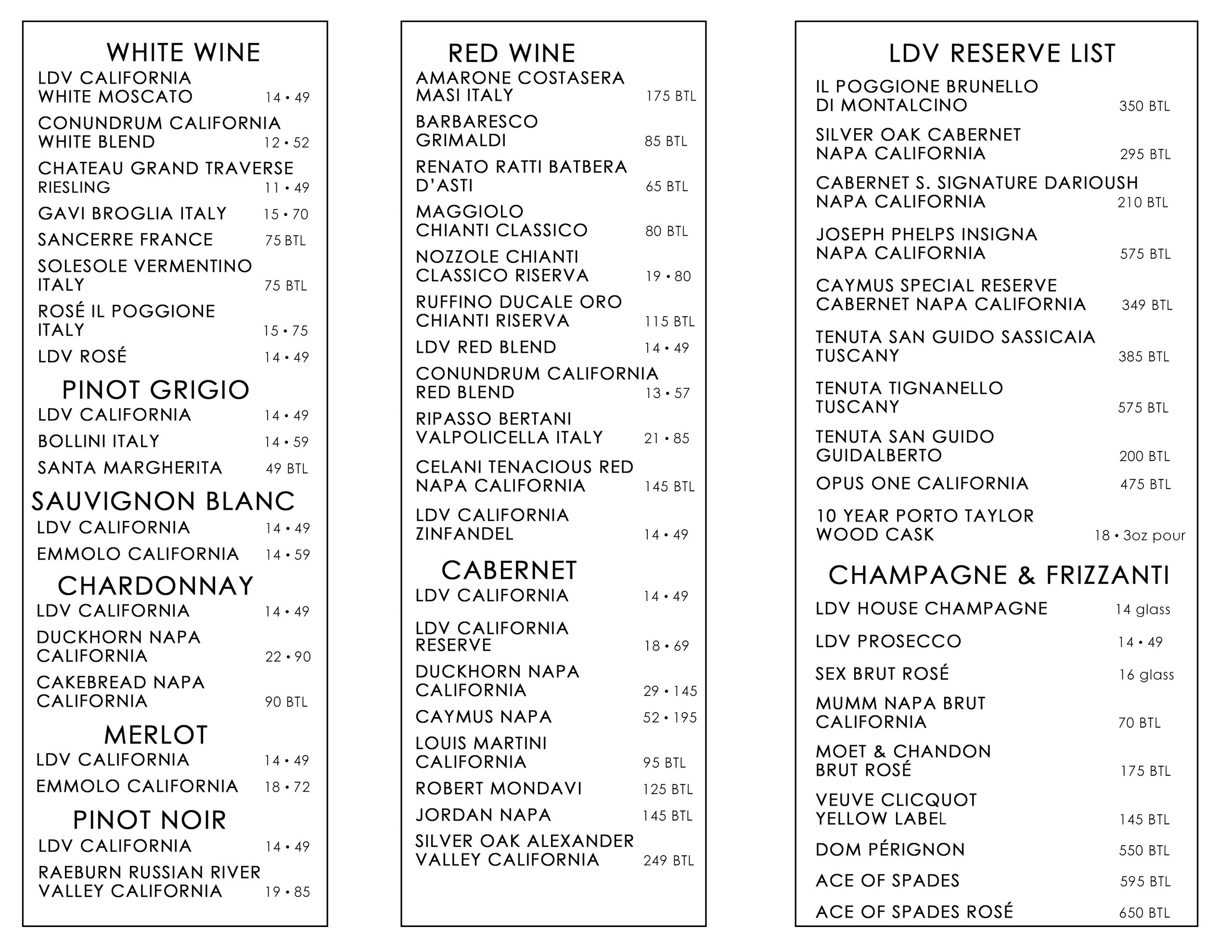 Wine menu featuring white, red, reserve list, and champagne options with prices.