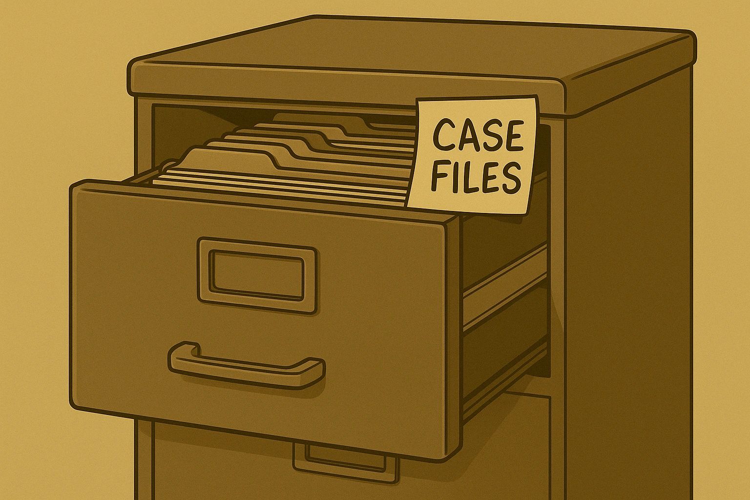 A filing cabinet drawer labeled "CASE FILES" with folders inside.
