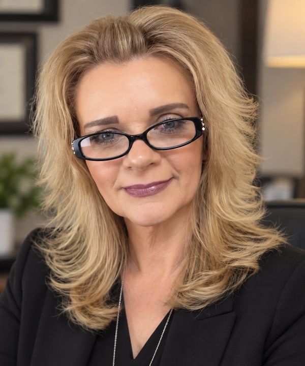 Professional woman wearing glasses and a black blazer.