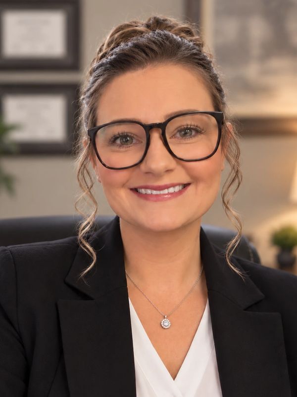 Smiling woman with glasses and curly hair in professional attire.