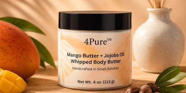 4Pure Mango Butter + Jojoba Oil Whipped Body Butter jar with natural ingredients.