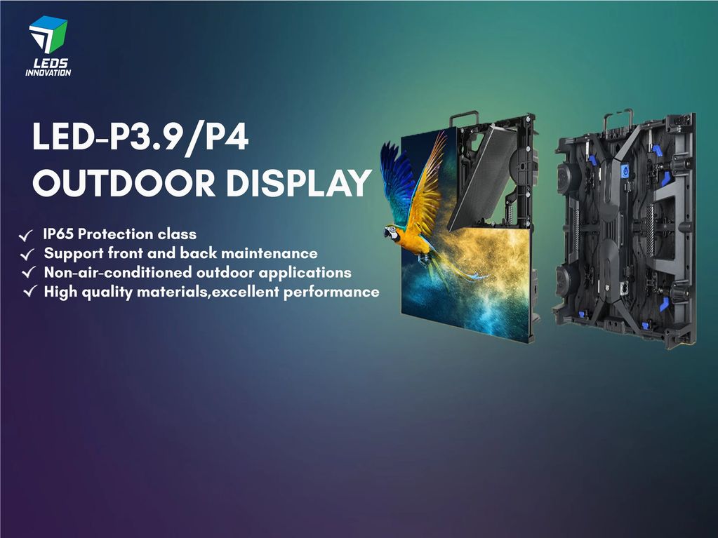 LED-P3.9/P4 outdoor display with IP65 protection and front/back maintenance support.