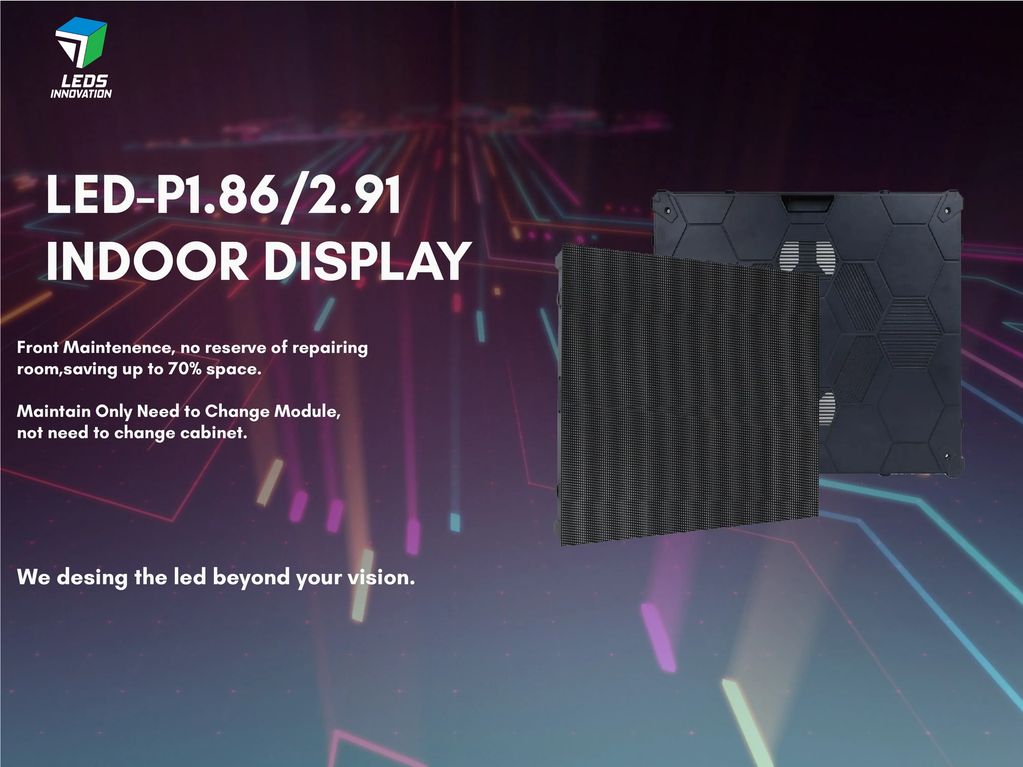 Indoor LED display with front maintenance and modular design for space saving.