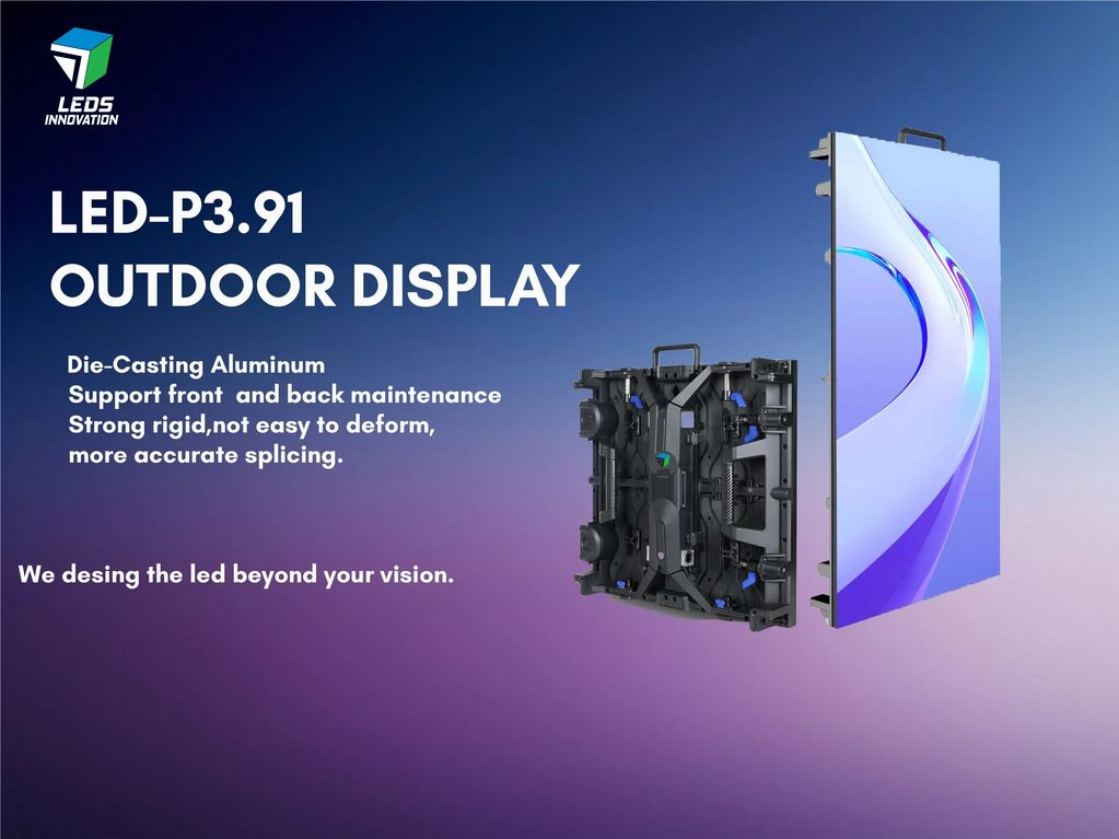 LED-P3.91 outdoor display with die-casting aluminum and front/back maintenance support.