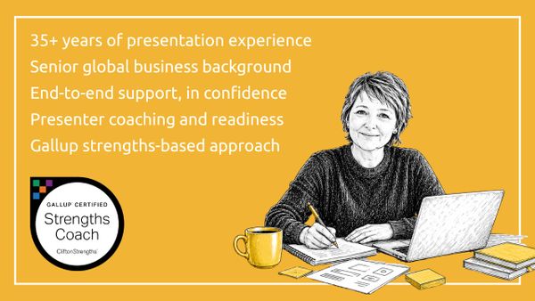 Illustration promoting a Gallup Certified Strengths Coach with extensive presentation and business experience.