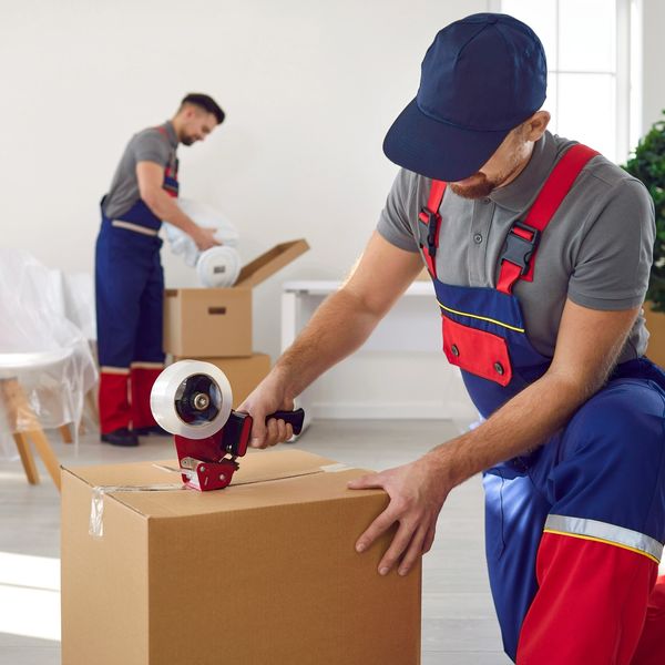 Two men packing stuff in boxes